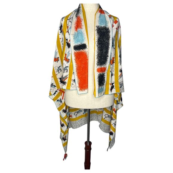 rumisu Women's Scarf Shawl Yellow Black Silk Whimsical Magic Illustration - Picture 1 of 10